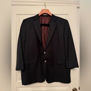Men's Black Two-Button Wool Suit Jacket with Burgundy Lining